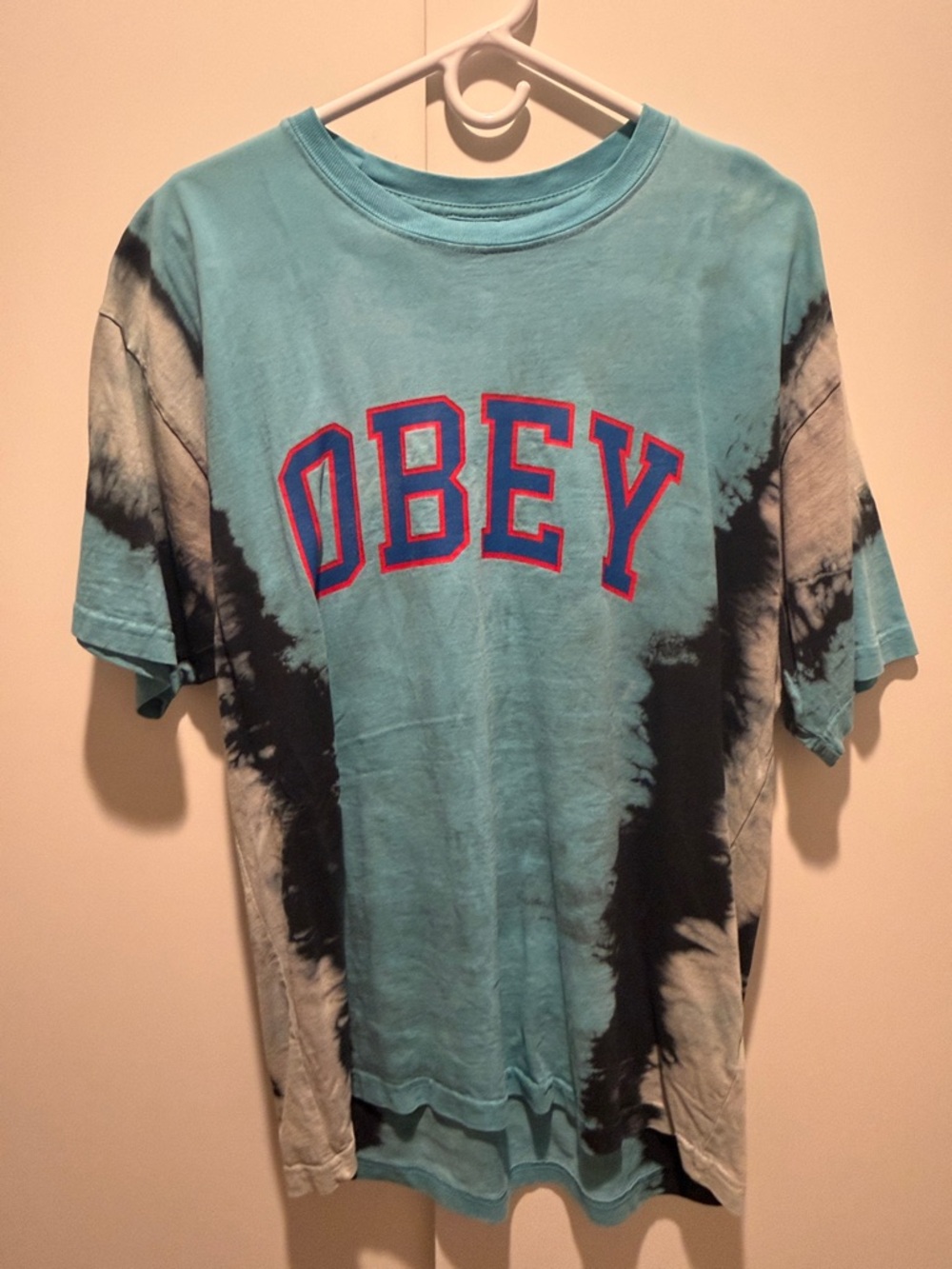 Obey Aqua Tie-Dye Short Sleeve Tee with Red-Outlined Logo